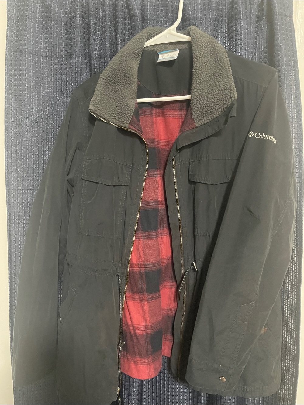 Columbia Black Field Jacket with Red Plaid Interior